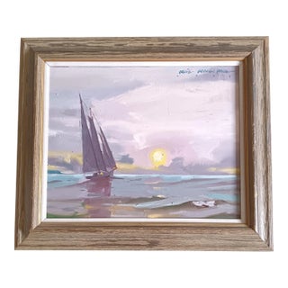 Schooner Sailing Into a Violet Sunset Oil Painting by David Beynon Pena For Sale