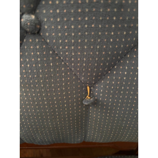 Late 19th Century Edwardian Walnut Upholstered Blue Button-Back Dining Chairs, Set of 6 For Sale - Image 9 of 9