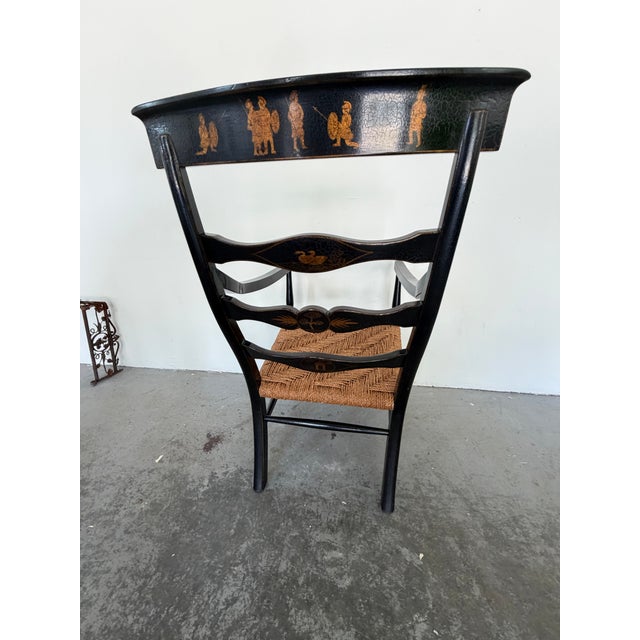 English Regency Style Crackle Finish Chinoiserie & Classical Stenciled Rush Seat Armchair For Sale - Image 9 of 12