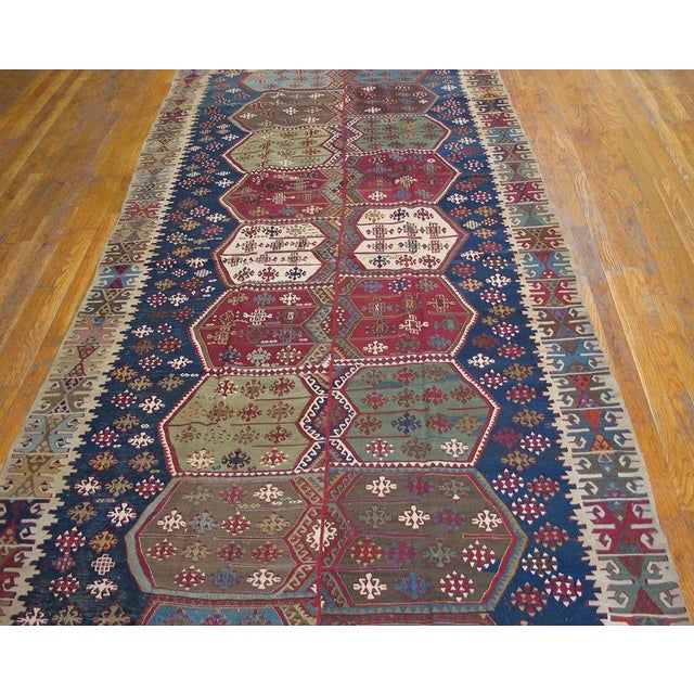 Mid 19th Century 1850s Blue Geometric Tribal Antique Turkish Anatolian Flatweave 5' X 10'8" Kilim Wool Carpet Rug For Sale - Image 5 of 9