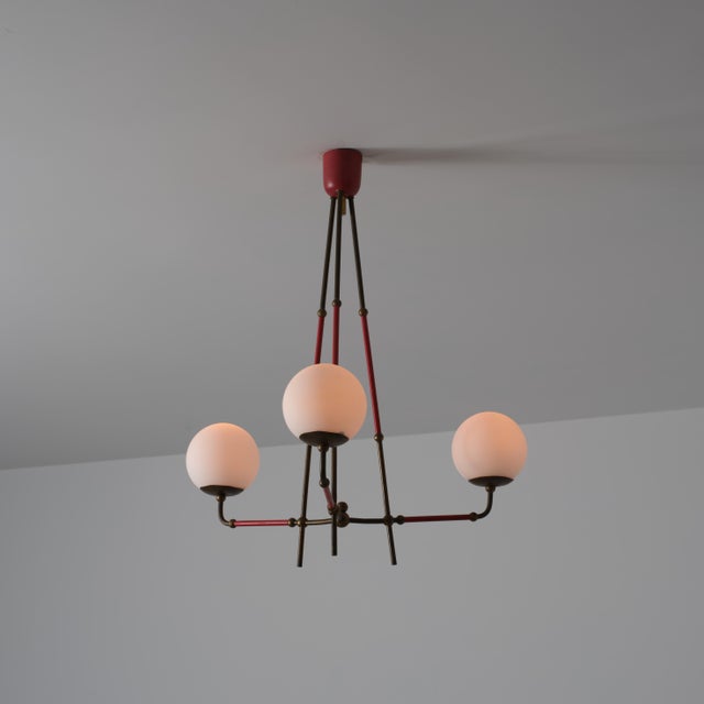 Gold Vintage Italian Brass and Red Lacquered Chandelier with Opaline Glass, 1950s For Sale - Image 8 of 13