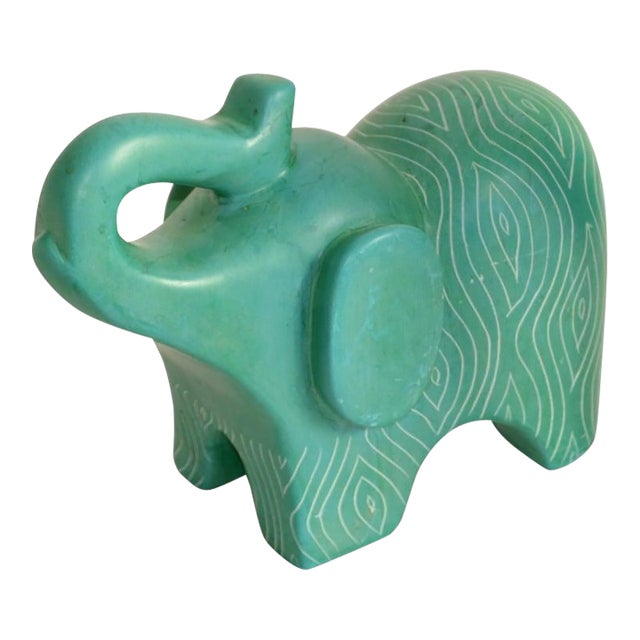 Vintage African Folk Art Carved Soapstone Ocean Green Elephant Figurine Animal For Sale