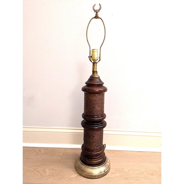 Wood Mid Century Turned Wood Column Lamp With Rush Accent For Sale - Image 7 of 9