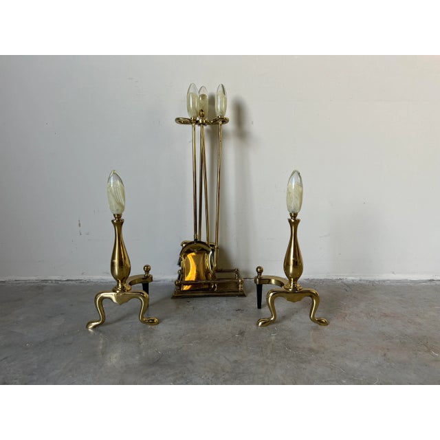 80's Vintage Brass & Sommerso Art Glass Handles Andirons and Fireplace Set of - 6 For Sale - Image 13 of 13