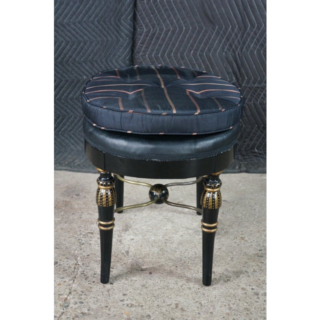 Mid Century Regency Style Ebonized Gold Painted Upholstered Stool Pouf Bench For Sale - Image 17 of 18