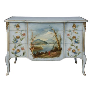 1950s Italian / Venetian Hand Painted Commode or Chest W/ Pastoral Landscape For Sale