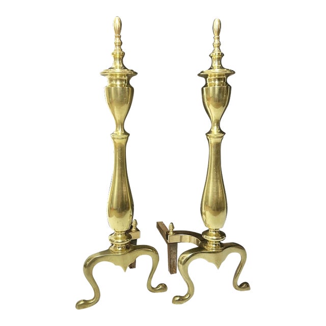 Vintage Federal Styled Andirons Solid Brass Cast Iron Legs Fire Dogs - a Pair For Sale