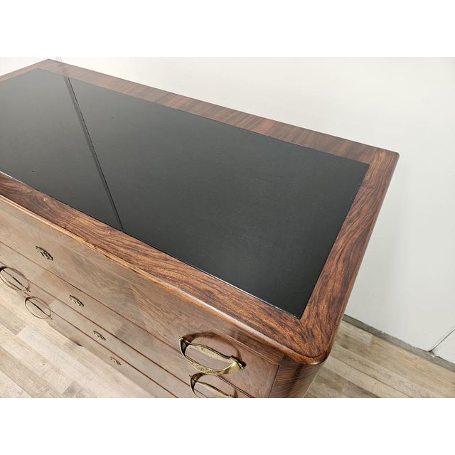 Black Art Deco Walnut Burl Chest of Drawers with Black Glass Top and Brass Handles, 1940 For Sale - Image 8 of 18
