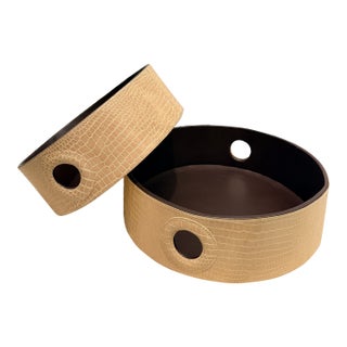 Set of 2 Faux Crocodile Embossed Leather Nesting Round Serving Trays For Sale