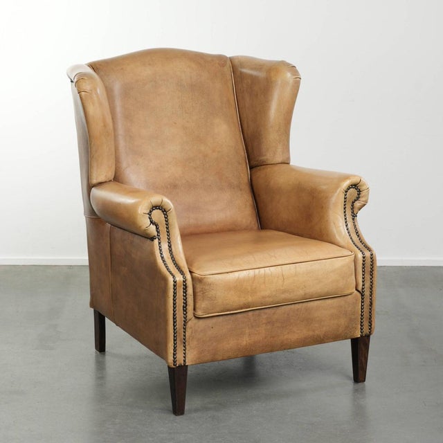Light Cowhide Wing Armchair with a Timeless English Look and Good Seating Comfort For Sale - Image 14 of 14