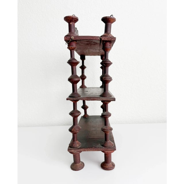 Burgundy Early 20th C Folk Art 3-Tier Spool Shelf With Painted Finish For Sale - Image 8 of 12