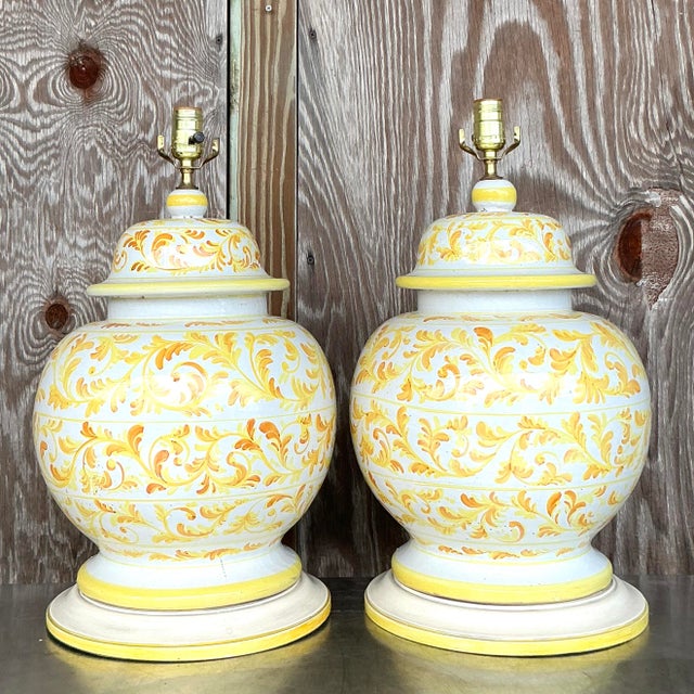 Italian Vintage Italian Hand Painted Ceramic Lamps - a Pair For Sale - Image 3 of 6
