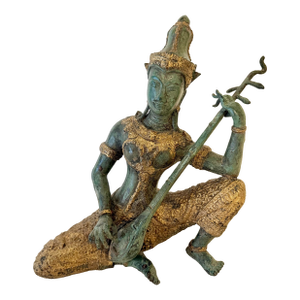 Mid-Century Thai Bronze Celestial Musician Statue With Gilt Verdigris Patina