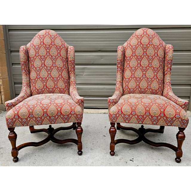Wood Pair of Vintage Custom Made William and Mary Style Wingback Chairs For Sale - Image 7 of 7