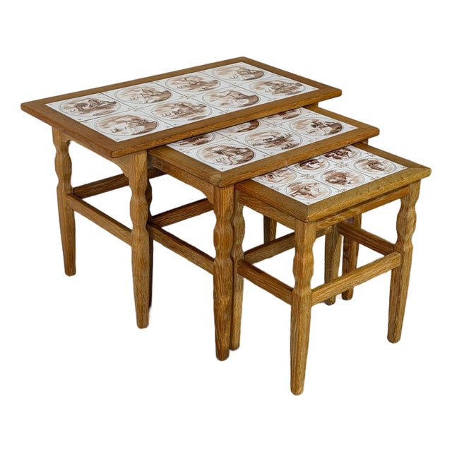 Oak Ceramic Tile-Top Nesting Tables Set of 3 Brown Scenic Windmill Motif Vintage For Sale