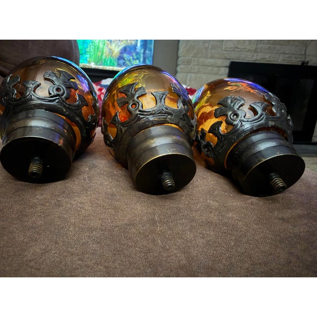 Metal Vintage Amber Glass Newel Post Finials Staircase Toppers - Set of 3 For Sale - Image 7 of 7