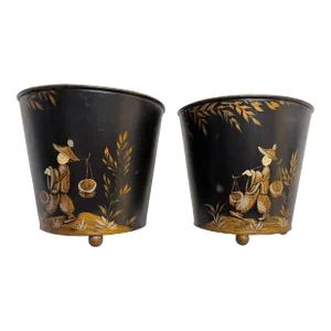 Antique Pair Chinoiserie Hand Painted Tole Cachepots