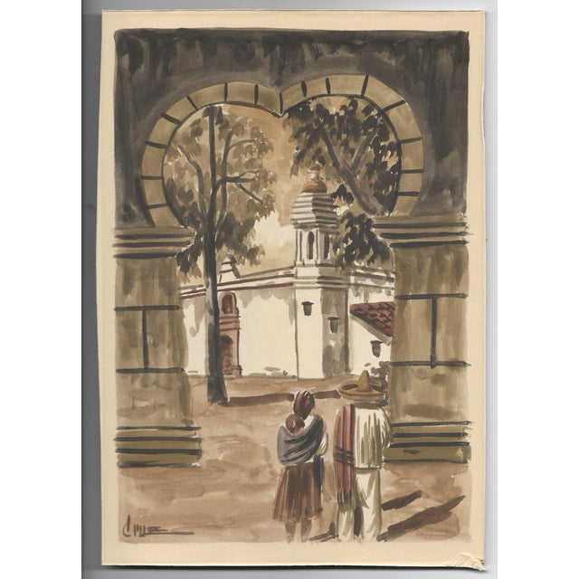 A pair of watercolor on heavy board of Mexican street scenes, each signed illegibly, Each one is approximately 10.5 c 7.5...