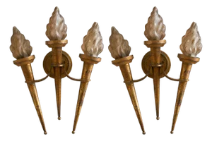 1960s French Gilt Metal Torch Sconces with Glass Shades No. 02 - a Pair