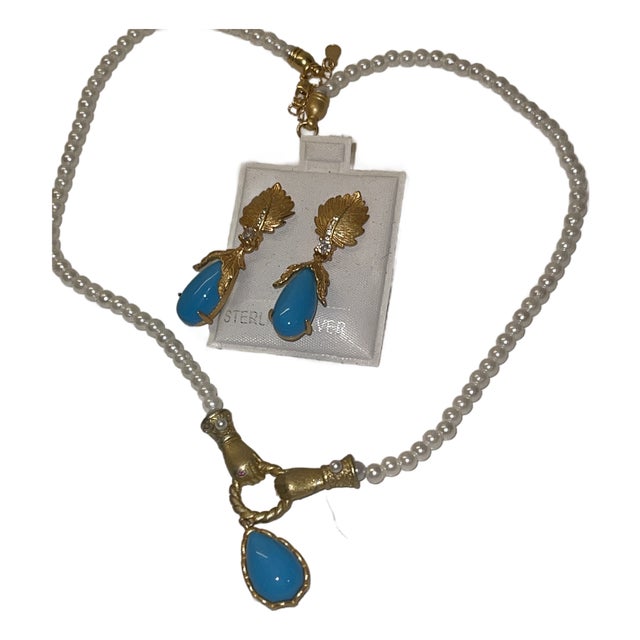 Gold Leaf /Turq Drop Earings Set With Matching Seed Pearl Necklace, 3 Pieces For Sale