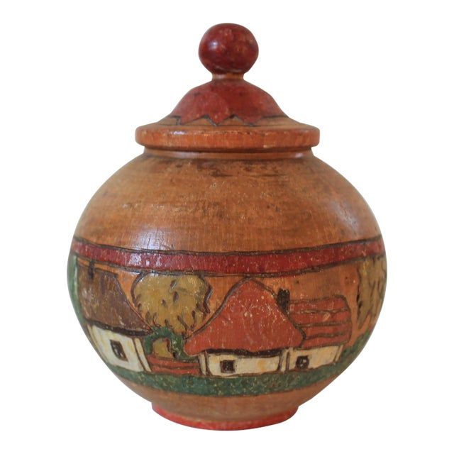 Vintage Hand-Painted Wooden Lidded Jar For Sale