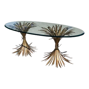 1960s Vintage Mid Century Modern Sheaf of Wheat Gold Gilt Oval Glass Coffee Table Attributed to Coco Chanel