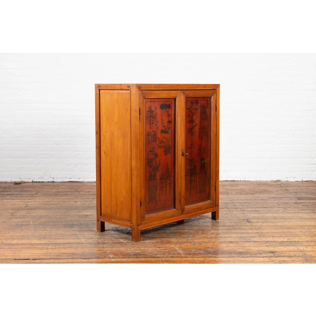 Wood Chinese Early 20th Century Cabinet with Ink-Decorated Panels under Glass For Sale - Image 7 of 13