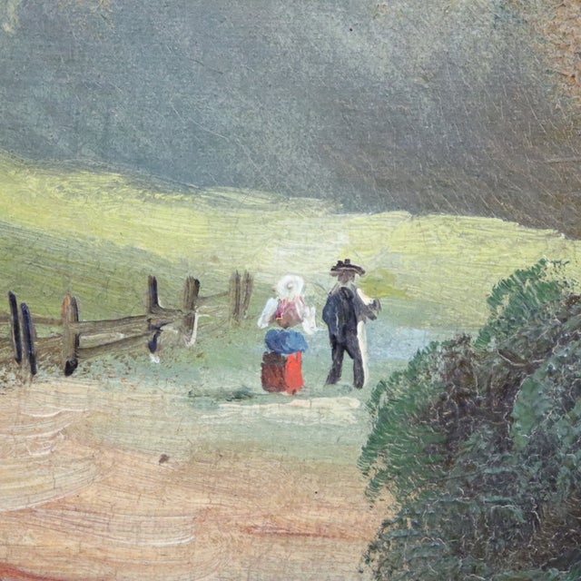 An unsigned oil on canvas pastoral landscape, circa 1900 and Hudson River School in style. The composition depicts two...