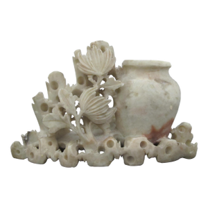 Chinese Hand Carved Soapstone Lotus Flower Sculpture Vase or Inkwell