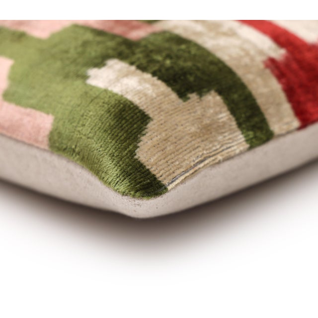 Hand-Knotted Silk Velvet Ikat Lumbar Pillow - 16x24 Ruby & Moss Green For Sale In San Francisco - Image 6 of 8