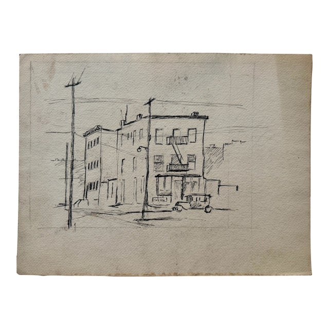 Henry Emil Salloch Original Drawing on Paper City Corner, 1930's For Sale