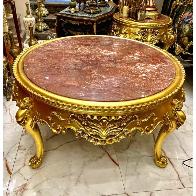 French-Style Round Coffee Table – Large Marble Top With Ornate Gold Leaf Frame & Carved Details For Sale - Image 4 of 4