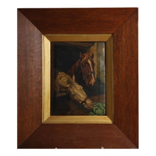 Continental Artist, Two Horses in a Stable, 1880-1900, Oil on Canvas For Sale