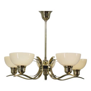 Art Deco Brass Chandelier with Cream Opaline Glass, Czechoslovakia, 1930s For Sale
