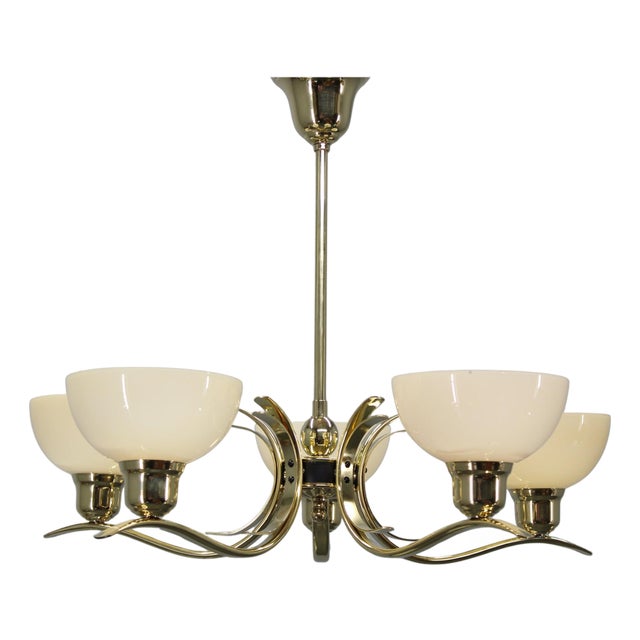 Art Deco Brass Chandelier with Cream Opaline Glass, Czechoslovakia, 1930s For Sale
