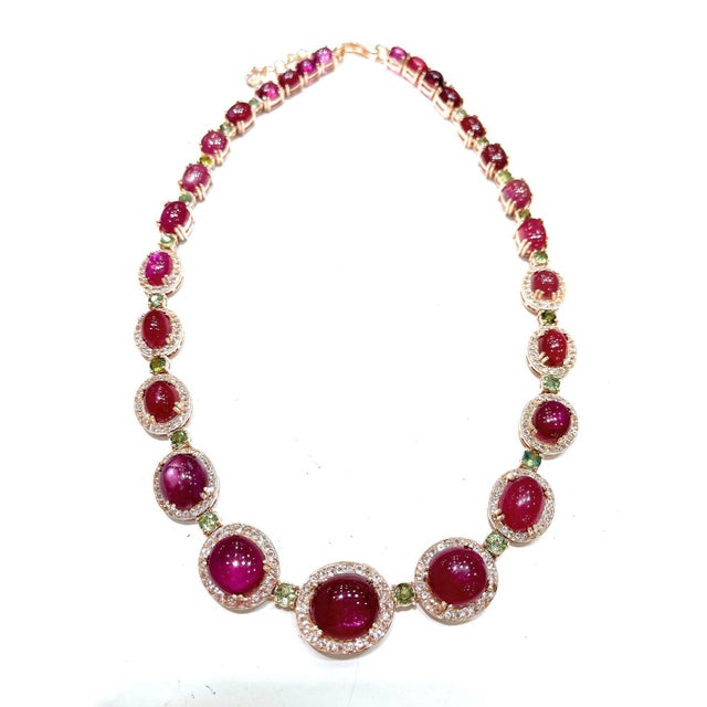 Bochic “Capri” Vintage Ruby, White Topaz & Peridot Necklace Set in 18K & Silver For Sale - Image 4 of 8