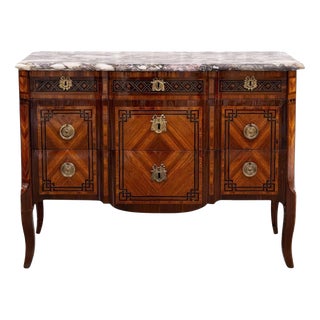 18th Century French Transition Marquetry Chest of Drawers with Marble Top, 1770 For Sale