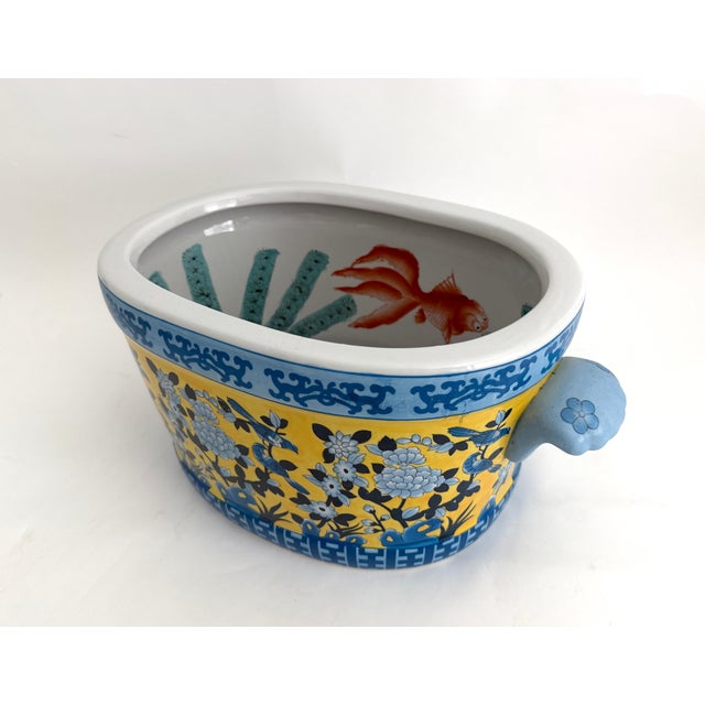 Ceramic Vintage Yellow & Blue Chinoiserie Porcelain Footbath Planter W/ Koi Fish For Sale - Image 7 of 12