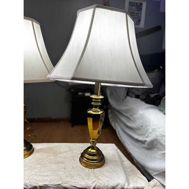 Vintage Chapman Solid Cast Brass Table Lamps Cp 55 06 With Original White Fabric Shades C512-Hy - Pair For Sale - Image 6 of 9