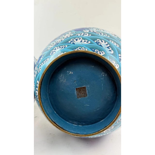 Monumental Pair of Chinese Cloisonne Enamel Blue and White Dragons Vases For Sale - Image 16 of 16