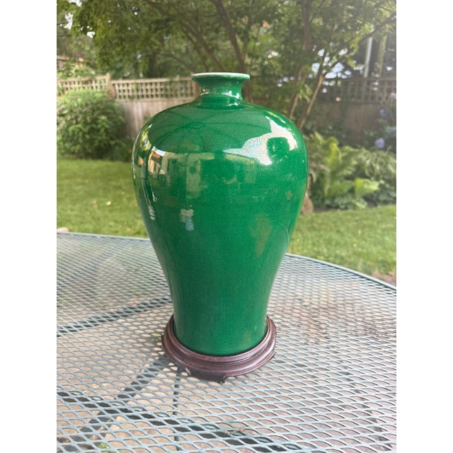 Stunning and vibrant antique Chinese green glaze porcelain vase with Yongzheng mark, dating to 1725-36. The vase is a...