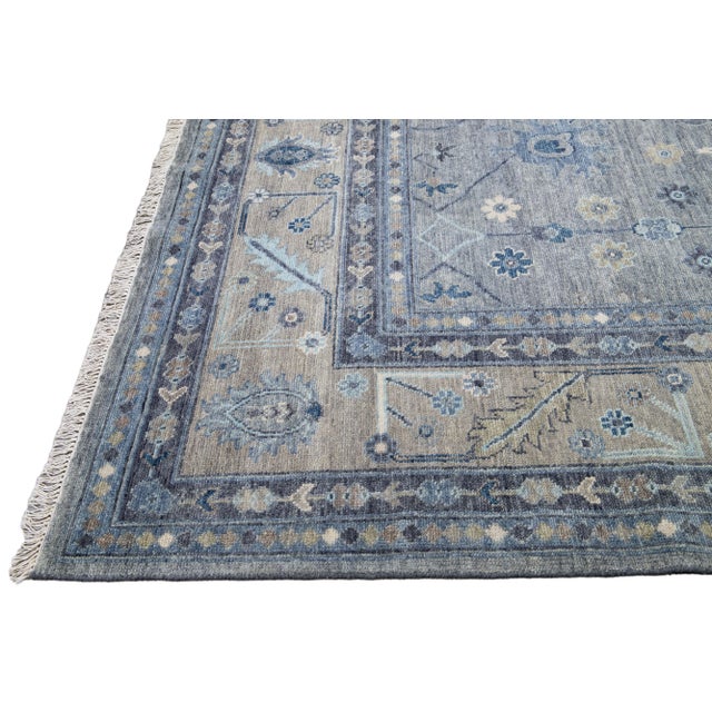 Modern Oushak Style Handmade Floral Motif Gray and Beige Square Wool Rug For Sale - Image 4 of 9