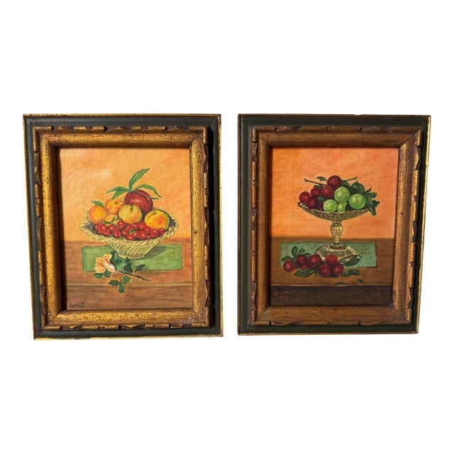 1973 Anne W. Still Life Fruit Bowl Oil on Canvas Paintings – A Pair For Sale