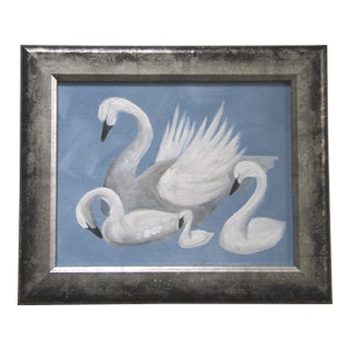 Swan White Folk Art Minimalism Americana Blue Original Oil Painting Cleo Plowden For Sale