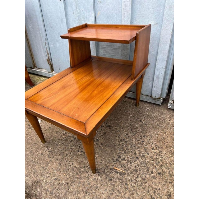 Mid-Century Modern Pair Mid Century Style Brass Mounted Fruitwood Step Back End Tables. For Sale - Image 3 of 10