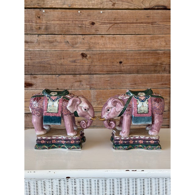 Late 20th Century Pair of Chinese Export Famille Rose Style Elephant Bookends or Decorative Objects For Sale - Image 5 of 11