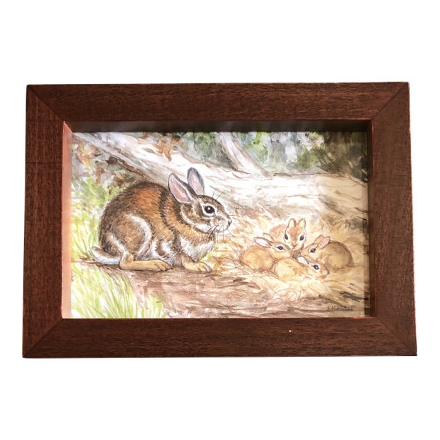 Contemporary Rabbits Small Watercolor Painting Signed Framed For Sale