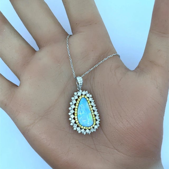 Metal 3.86 Carat Boulder Opal Diamond 18k White Yellow Gold Halo Pendant and Necklace For Sale - Image 7 of 7
