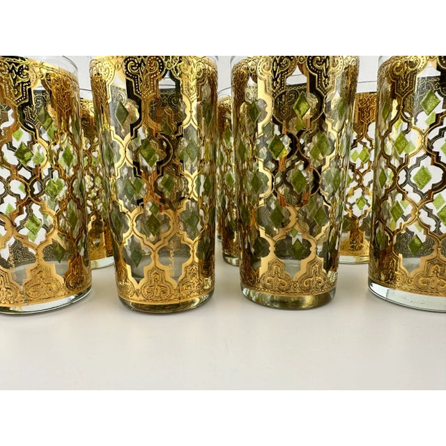 Glass Vintage Mid Century Culver Gold and Green Moroccan Highball Glasses, Set of 12 For Sale - Image 7 of 14