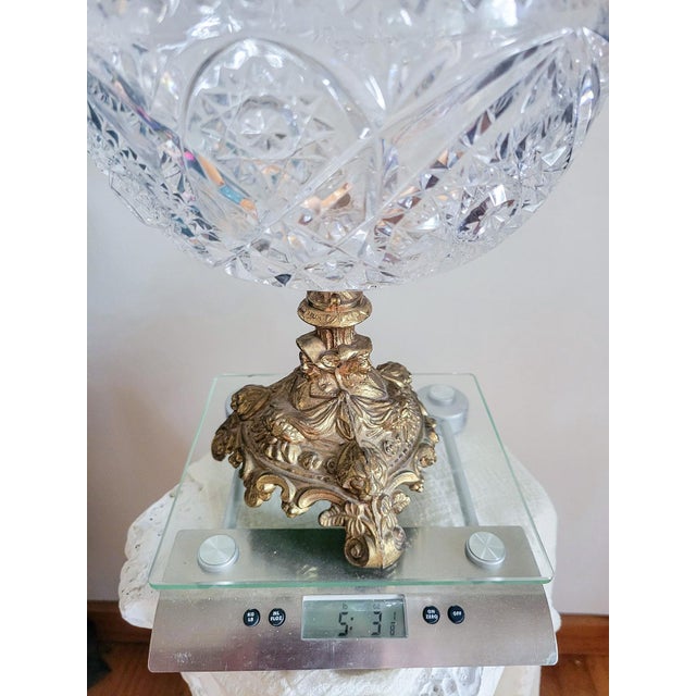 Transparent Vintage Cut Crystal Compote on Ornate Gilt Pedestal | Hollywood Regency Centerpiece | Rococo Crystal Fruit Bowl For Sale - Image 8 of 8